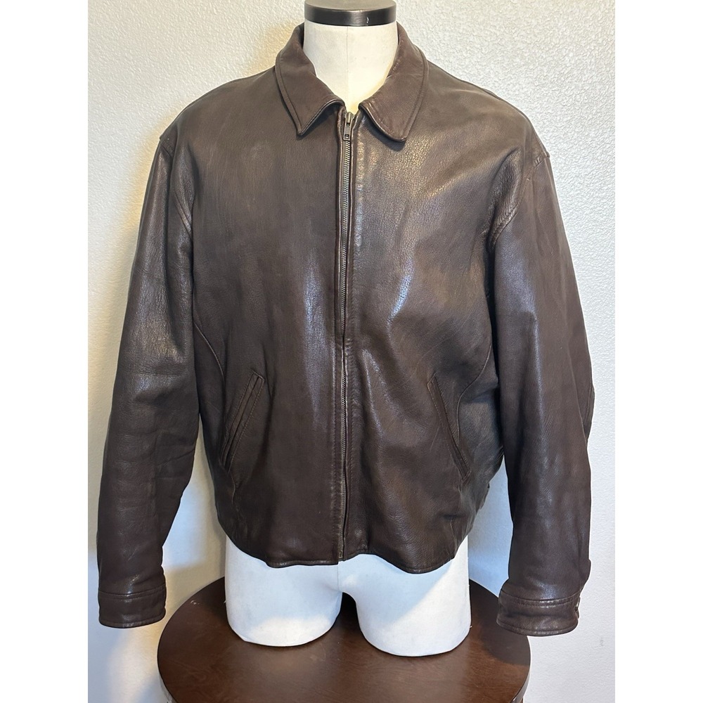 VTG J CREW Leather OARSMAN Full Zip Bomber Racer Jacket Brown Men XL Quilt Lined